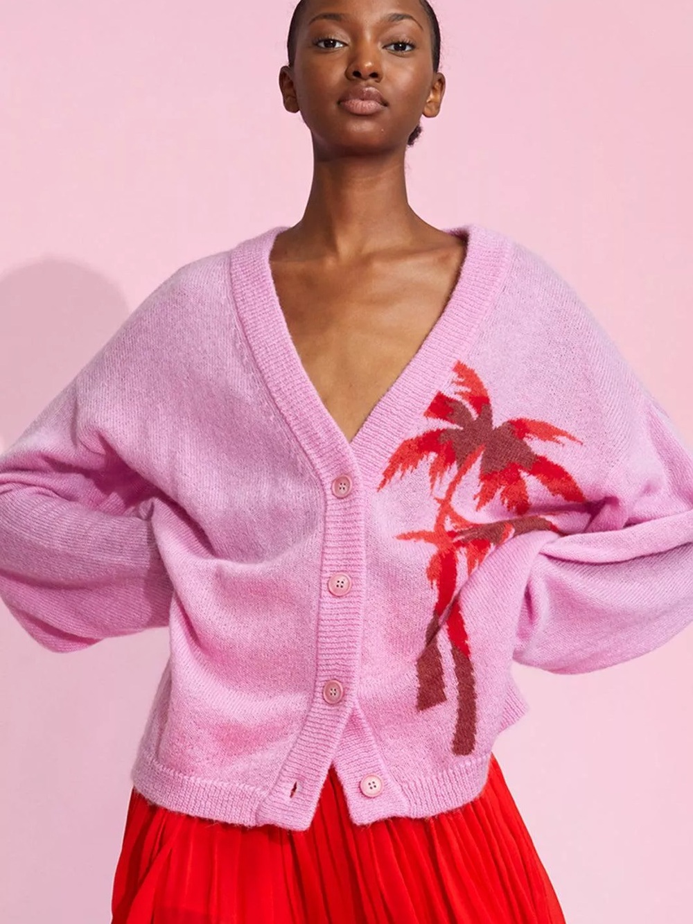 Cynthia Rowley Pink Cardigan With Red & Brown Palm Motif Nwt